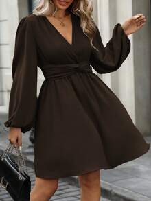 Vionelle Plus Size Women's Crossover V-Neck Twist Waist A-Line Puff Sleeve Lantern Sleeve Dress, Angora Red, Elegant, Sophisticated, Romantic French Retro Street Casual Minimalist Versatile, Suitable For Halloween, Christmas, Thanksgiving, Afternoon Tea Party, Autumn/Winter Chocolate Brown Dress Brown Elegant Dress Women Coffee Brown Dress Dark Brown Dress - Chocolate Brown - View 6
