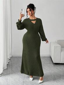Elenzga Plus Size Elegant Delicate Hollow V-Neck Sweater Dress