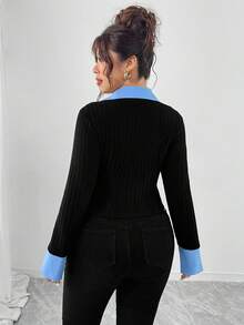 Elenzga Áo thun dài tay màu tương phản có khóa kéo cỡ lớn dành cho nữ, cổ áo sơ mi co giãn thoải mái, đa năng cho thể thao, thường ngày, công sở, thời trang thu đông - Nhiều màu - Xem 2