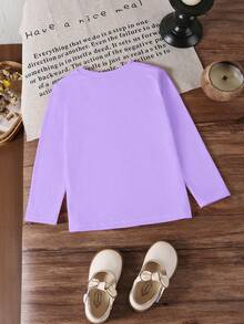 Young Girls Casual Cute Cartoon K-Pop Anime Girl Print Purple Round Neck Long Sleeve T-Shirt, Suitable For Autumn/Winter Tops