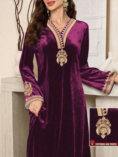 SHEIN Najma Damen Blumen-Muster Langarm elegantes Samt Arabisches Kleid, geeignet für Frühling und Herbst