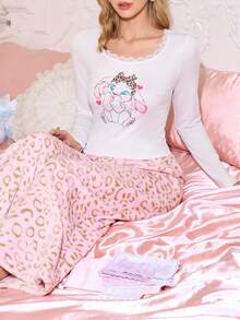 SHEIN Cute & Sweet Heart Rabbit Print Knitted Lace Long Sleeve Top & Leopard Fleece Pants Women Pajama Set, Fluffy Winter Clothes - Multicolor - View 5
