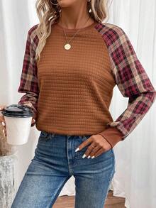 EMERY ROSE Plaid Raglan Sleeve Sweatshirt In Fall/Winter,Fall,Fall Clothes For Women,Women's Winter Clothes Brown Long Sleeve Top - Brown - View 4