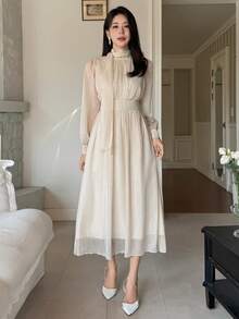 DAZY Women's Elegant Solid Color Tie Collar Puff Sleeve Mid-Length Dress, Autumn/Winter - Apricot - View 6