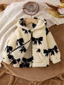 Young Girls Cute Apricot Bow Fashionable Comfortable Autumn/Winter Hooded Long Sleeve Jacket, Children Cozy Versatile Fluffy Winter Single-Breasted Hooded Cardigan Outerwear - Apricot - View 3