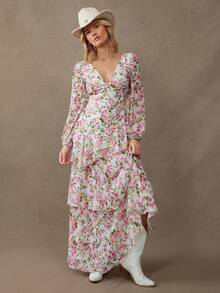 WESTFADE V领长泡泡袖蝴蝶结露背镂空不对称低腰层叠荷叶边长款连衣裙，适合秋季、冬季、圣诞节、假日、新年、新年装扮，波西米亚风、休闲风、优雅风、派对风、西式服装。 - 彩色 - 查看 4