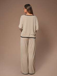 Lazeform American Casual V-Neck Long Sleeve Contrast Trim Top & Wide Leg Pants Women Lounge Wear Set Two Pieces Sleepwear Set , Fall & Winter Clothes