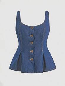 SHEIN MOD 大码女式时尚休闲水洗上衣 - 中等水洗藍 - 查看 3