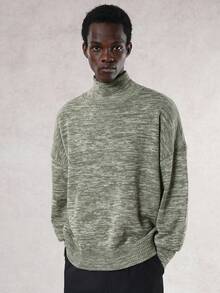 DAZY Men's High Neck Khaki Green Floral Mesh Sweater, Autumn - Green - View 5