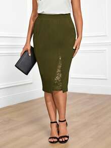 EMERY ROSE Jupe crayon élégante de grande taille à taille haute, couleur unie avec dentelle contrastante