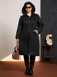 Zelara 大码女式纯色长袖拉链前长款休闲连帽冬季夹克 - 黑色 - 查看 6