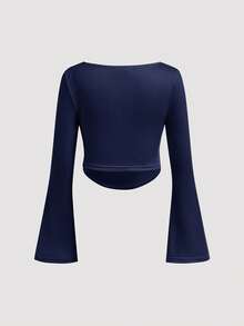 SHEIN Girlism Tween Girl Fitted Casual Crew Neck Ruffle Flare Sleeve Long Sleeve T-Shirt, Long Sleeve Tops - Navy Blue - View 2