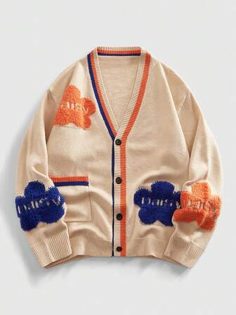 كنزة صوفية صوفية مفتوحة الأمام بطبعة زهرية، موضة الشارع للرجال