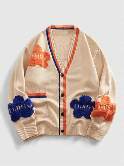 Men's Floral Print Open Front Knit Sweater, Street Fashion