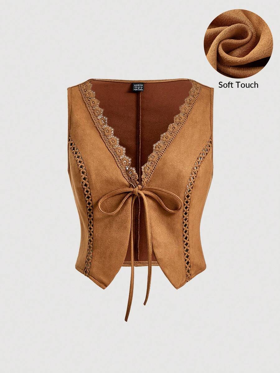 SHEIN MOD 蕾丝边系带前背心夹克（不含衬衫），棕色波西米亚风夹克，秋冬西部女装 - 摩卡棕 - 查看 1