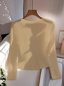 GlowEve Women's Casual Ribbed Knit Sweetheart Neck Slim Fit T-Shirt, Solid Color, Versatile For Business And Leisure, Spring/Autumn - Khaki - View 2