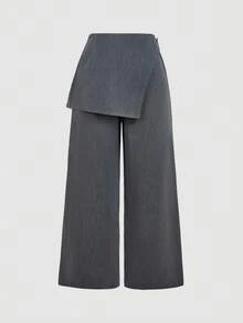 SHEIN MOD 大码女式深灰色翻边正装裤，适合返校季、秋冬季工作装，阔腿翻边中腰裤，两用裤，宽松舒适，商务休闲皆宜。 - 深灰色 - 查看 4