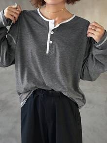 FRIFUL قميص كاجوال للنساء بأكمام طويلة وياقة مستديرة، مخطط، خريفي - رمادي - مشاهدة 7