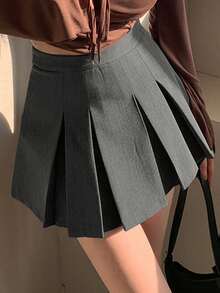 DAZY Women Solid Color Short Pleated A-Line Skirt - College Style