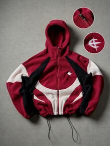 Manfinity EMRG Men's Contrast Color Patchwork Zip-Up Hooded Long Sleeve Jacket, Autumn/Winter Y2k Zip Up Street Wear Jacket - Red - View 3