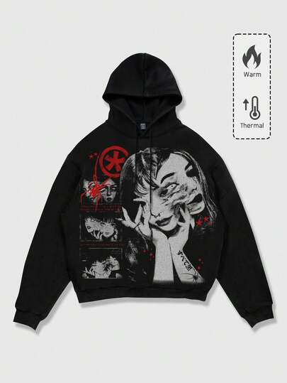 Men's Graphic Anime Print Drawstring Hooded Casual Sweatshirt, Autumn/Winter