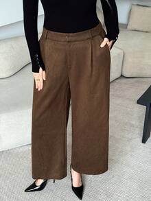 Modelyn Plus Size Solid Color Fold Pleated Pocket Casual Wide Leg Pants - Brown - View 1