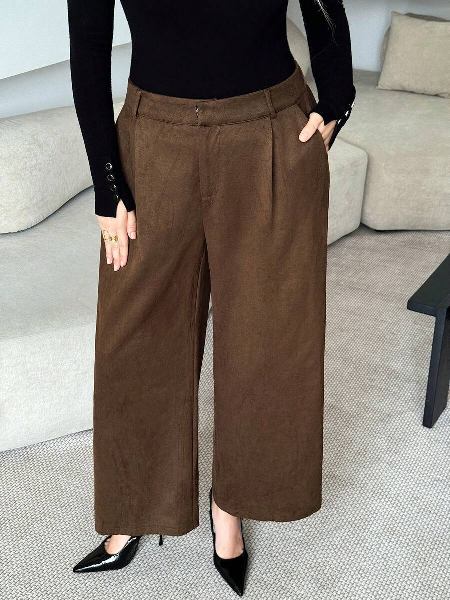 Modelyn Plus Size Solid Color Fold Pleated Pocket Casual Wide Leg Pants - Brown - View 1