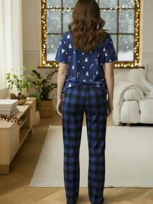 2 piezas Conjunto de pijama de mujer con estampado de renos navideños y cuadros rojos de manga larga, detalles acogedores y elegantes, ropa de otoño
SKU: si25081831362637186 - Azul - Ver 3