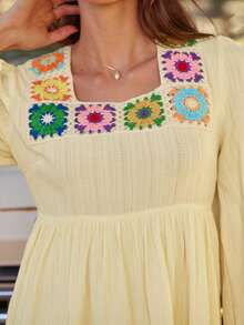 WESTFADE Flower Crochet & Textured Woven Mixed Media Square Neck Long Puff Sleeve Mini Babydoll Dress Fall, Autumn, Winter, Casual Cute Boho, Nashville Cowgirl, Country Outfit, Western Wear For Women - Yellow - View 6