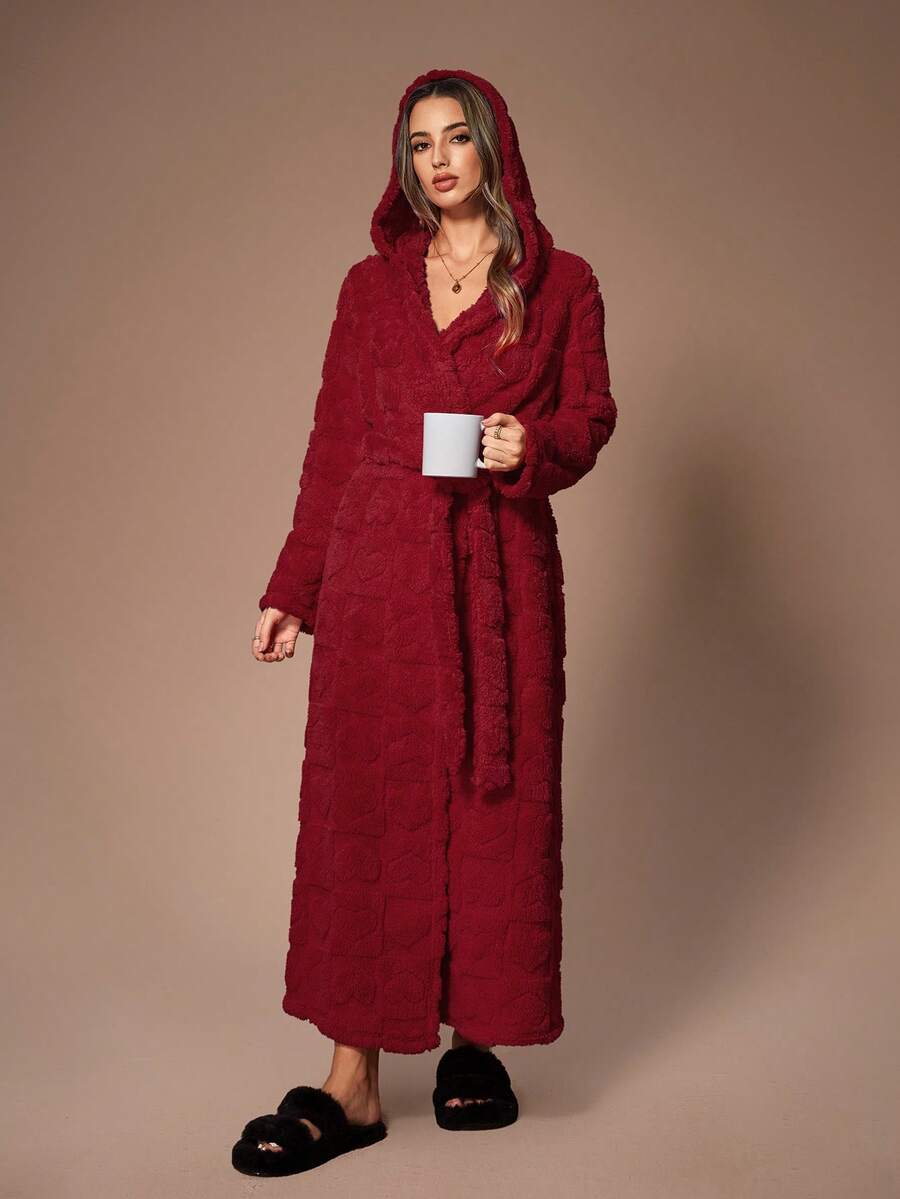 SHEIN 女士纯色交叉裹身连帽睡袍,腰部系带,长袖家居服睡袍,蓬松女士睡袍套装,女士红色睡袍,冬季女士睡袍 - 酒紅色 - 查看 1