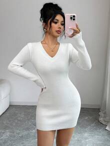 EMERY ROSE Váy len dệt kim dài tay cổ chữ V màu trơn đơn giản dành cho nữ - trắng - Xem 4