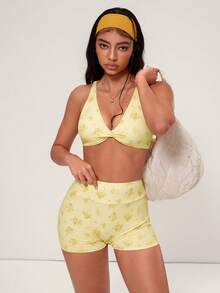 Medorelle Bộ 2 áo crop top và quần short họa tiết hoa chéo ngẫu nhiên dành cho nữ - Màu vàng - Xem 3