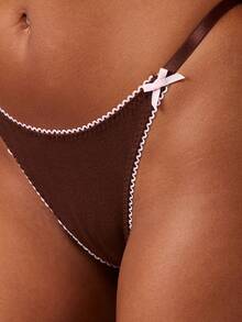 MISSGUIDED Pointelle Ribbed Underwire Bra And Thong Set With Contrast Lace Trim Pink Bow Details Intimates Lingerie - Brown - View 4