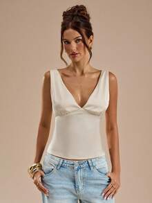 SHEIN BAE 缎面蕾丝拼接背心，适合度假、沙滩、音乐节、早午餐、婚礼宾客、伴娘、春夏等场合。 - 杏色 - 查看 3