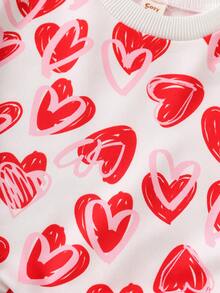 Cozy Pixies Suéter de cuello redondo de manga larga con estampado de corazón tejido suave para bebé niña, adecuado para el Día de San Valentín - Rojo y blanco - Ver 4