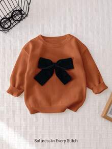 Cozy Pixies Baby Mädchen Farbblock Schleife Dekor Rundhals Drop-Shoulder Pullover Pullover, Lässig & Vielseitig für Herbst/Winter - Rostbraun - Übersicht 5