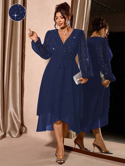 Cravure Women's Plus-Size Black Long-Sleeve Long-Length Party Dress - Accented With Laser Sequin Patchwork & Double-Layered Ruffle Hem Navy Blue Plus Size Dress Royal Blue Elegant Dress Women Long Sleeve Elegant Dress Elegant Midi Dress