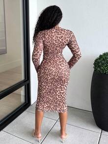 Alexandranx Vestido apretado con pliegues laterales con estampado de leopardo para otoño, vestido de manga larga, ropa interior de otoño, ropa de oficina, vestido sexy y elegante con estampado de leopardo para mujer - Multicolor - Ver 2