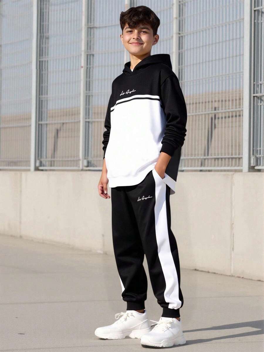 Vacaura 2pcs Teenager Casual Patchwork Pullover Hooded Sweatshirt And Sweatpants Set, Fashion Pullover And Joggers Outfit For Autumn/Winter - Multicolor - View 1