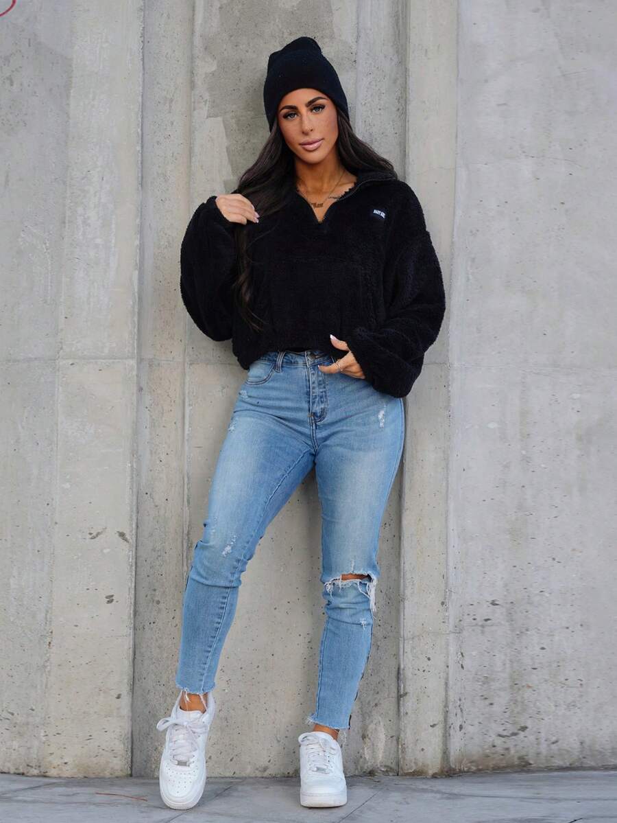 SAYEHFBABY Hanorac cu mânecă lungă, buzunar cu imprimeu de litere și fermoar pe jumătate, în stil toamnă/iarnă