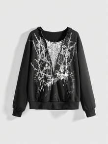 ROMWE Fairycore Kpop Wasteland Style Pullover 2 In 1 Lace Zipper Batwing Sleeve Loose Hooded Sweatshirt For Women - Olive Green - View 2