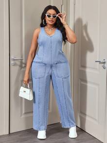 Slaydiva 大码女式无弹力牛仔连体裤，休闲宽松连体裤，工装风牛仔背带裤，时尚新款女式牛仔装扮 - 淺色水洗藍 - 查看 4