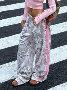 SHEIN Tween Girls Grey Leaf Print Patchwork Drawstring Sweatpants