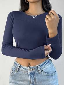 SHEIN BASICS 2 chiếc áo thun ngắn tay dài cổ tròn dệt kim trơn dành cho nữ, vải ấm nâng cấp, lót nhiệt mà không cồng kềnh, áo thun co giãn cơ bản đa năng cho mùa thu đông dành cho nữ - Màu xanh lam - Xem 5