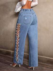 Slaydiva Plus Size Fashion Hollow Beaded Chain Decor Wide Leg Jeans - Blue - View 3