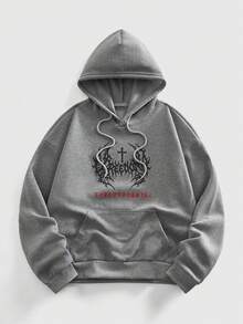 ROMWE MEN Goth 男士休闲荆棘图案深色连帽卫衣，秋冬款 - 深灰色 - 查看 1