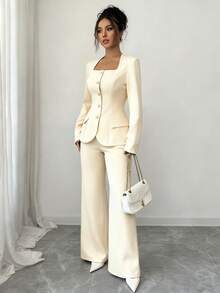 Elenzga 两件套女士西装，面料梯形领，前襟金属纽扣，A字下摆，插袋长袖衬衫+直筒裤，纯色优雅，适合办公室通勤、街头穿搭、秋冬时尚、百搭商务休闲、感恩节下午茶聚会、返校季等场合。 - 杏色 - 查看 5