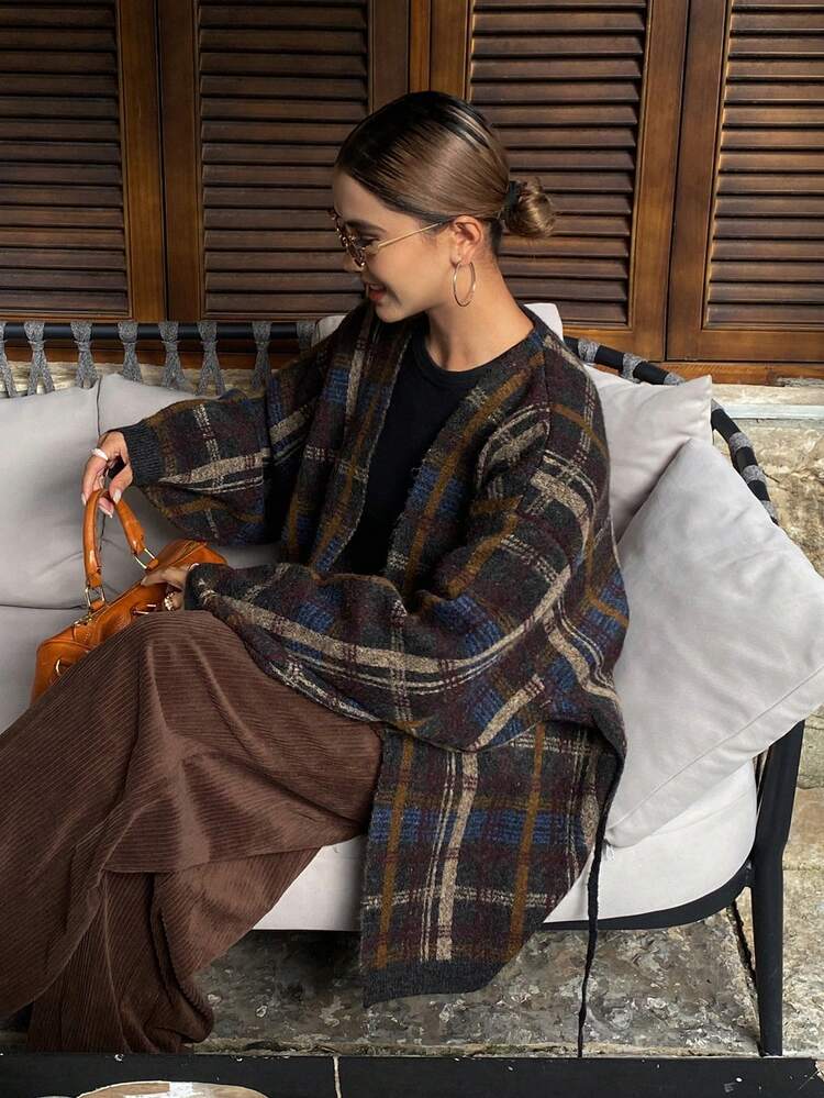 Women's Plaid Print Casual Versatile Long Sleeve Cardigan