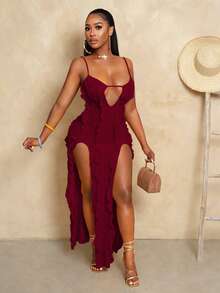 BamGleam Vestido largo de verano con abertura lateral y diseño calado para mujer