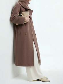 Aalyst 女士休闲长袖口袋收腰可拆卸领口设计直筒羊毛混纺大衣 - 咖啡棕 - 查看 5